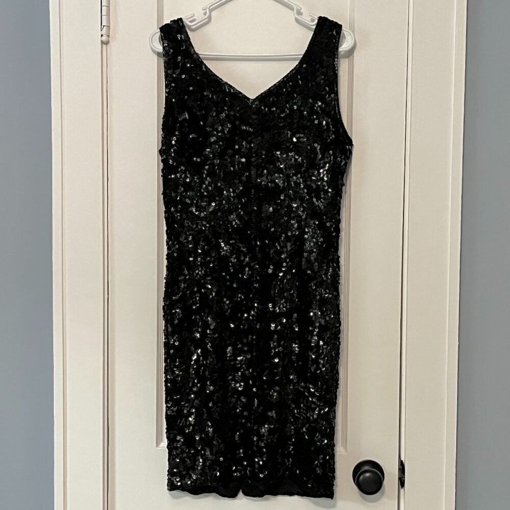 Stenay VTG 100% silk full sequin beaded black dress sweetheart neckline size 10